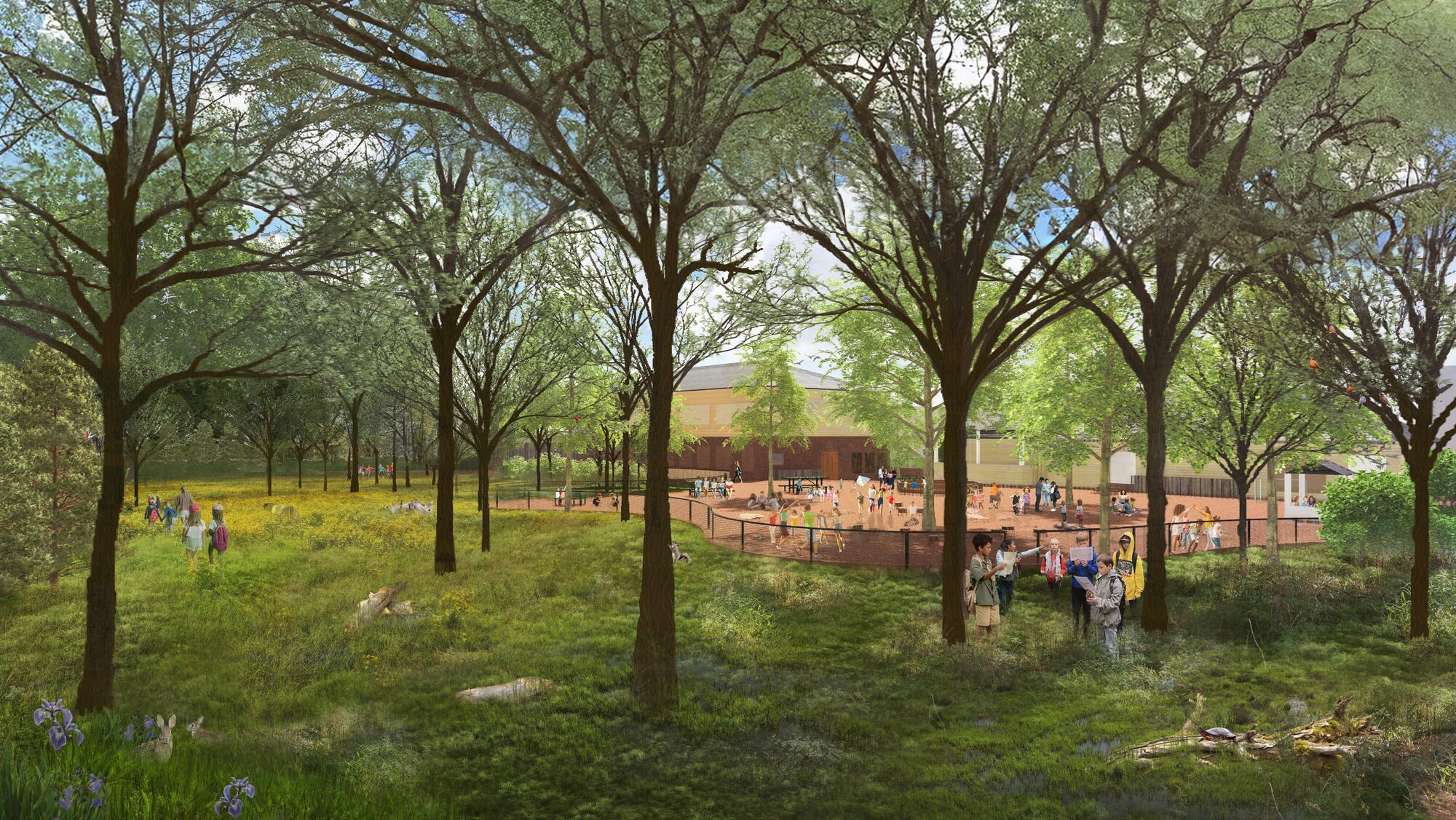 Rendering of the restored wetland in spring: children explore under tall trees with the expanded playground and school buildings beyond.