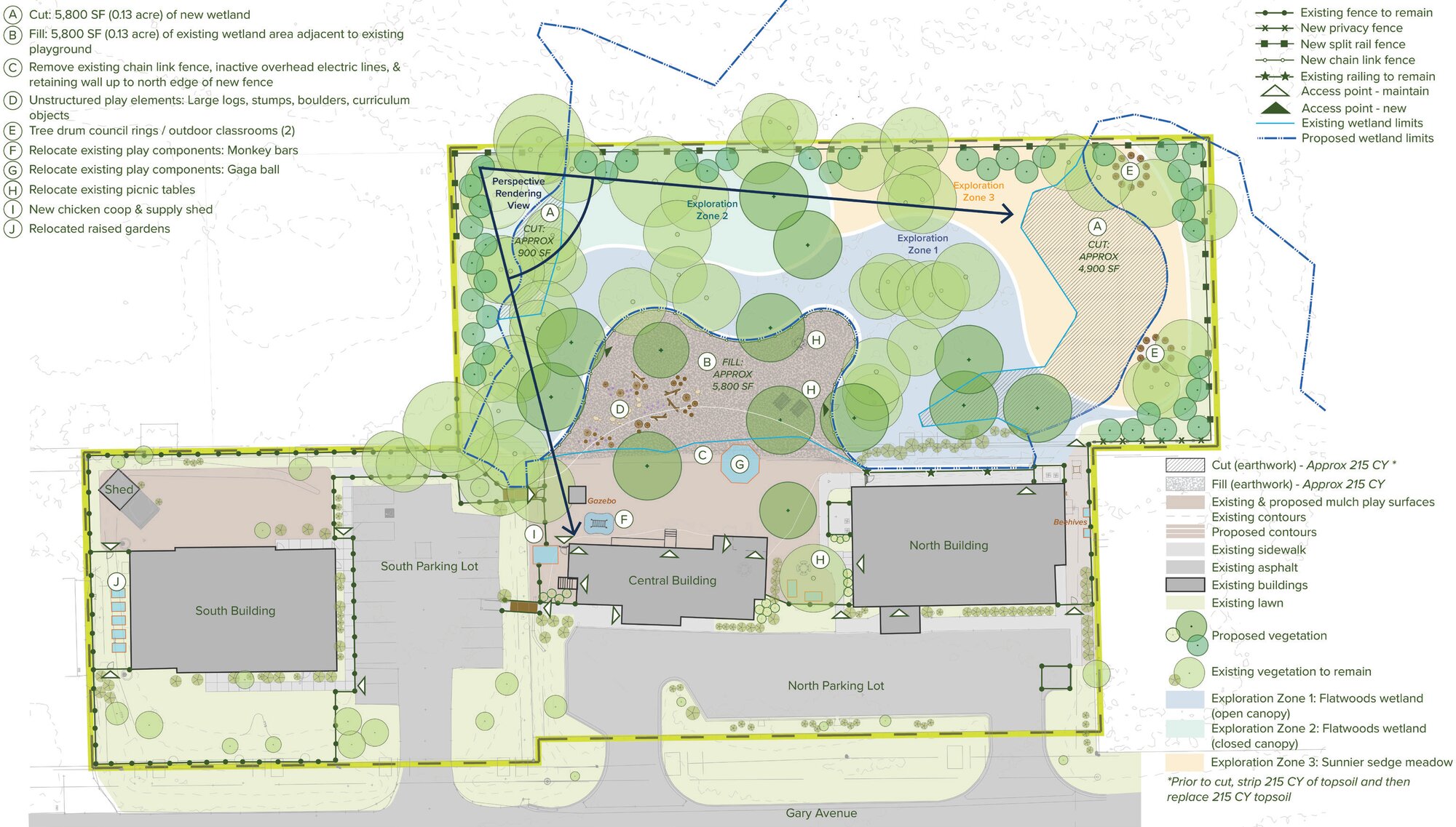Proposed site plan: the expanded playground behind the school buildings, two gateways into the restored wetland, and a looping path through two exploration zones.