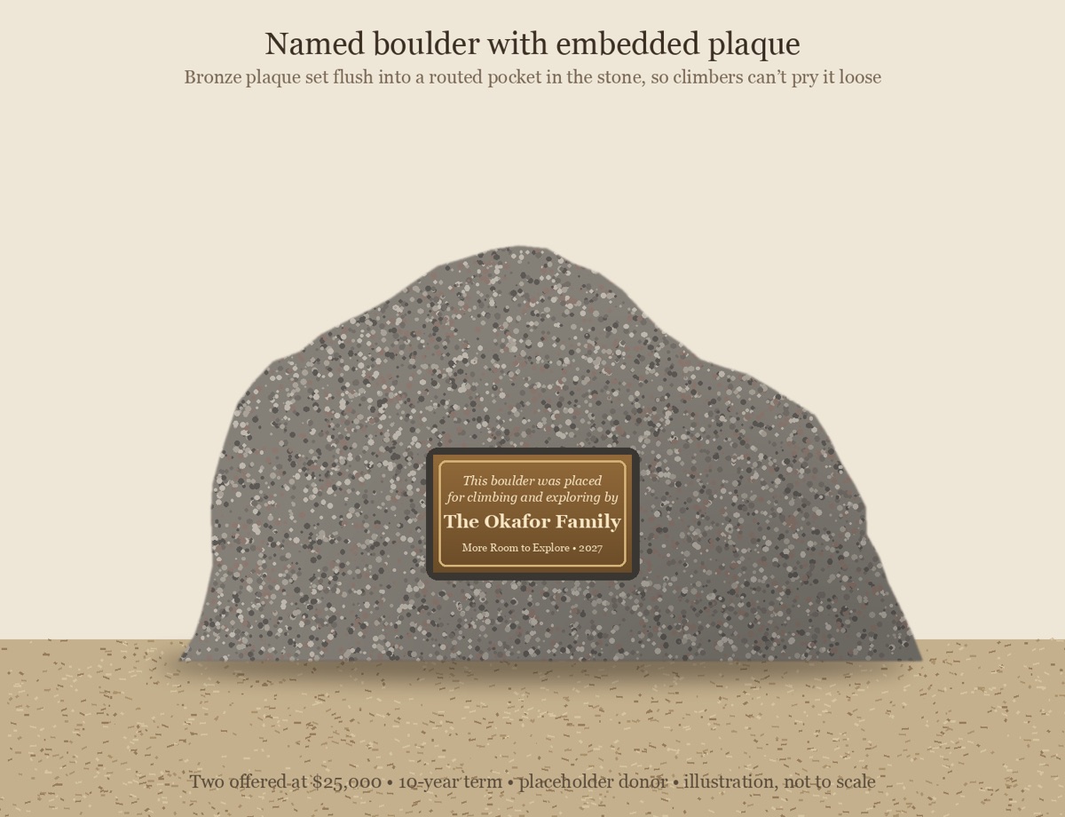 Illustration of a climbing boulder with a bronze plaque.