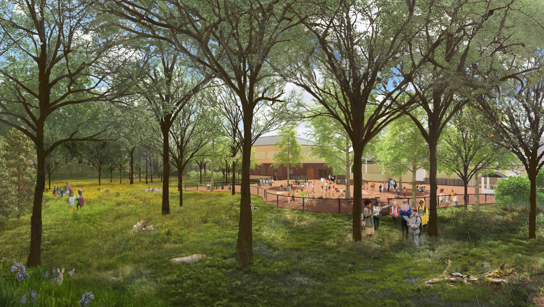 Rendering of the restored wetland, with students exploring under the trees and the expanded playground beyond